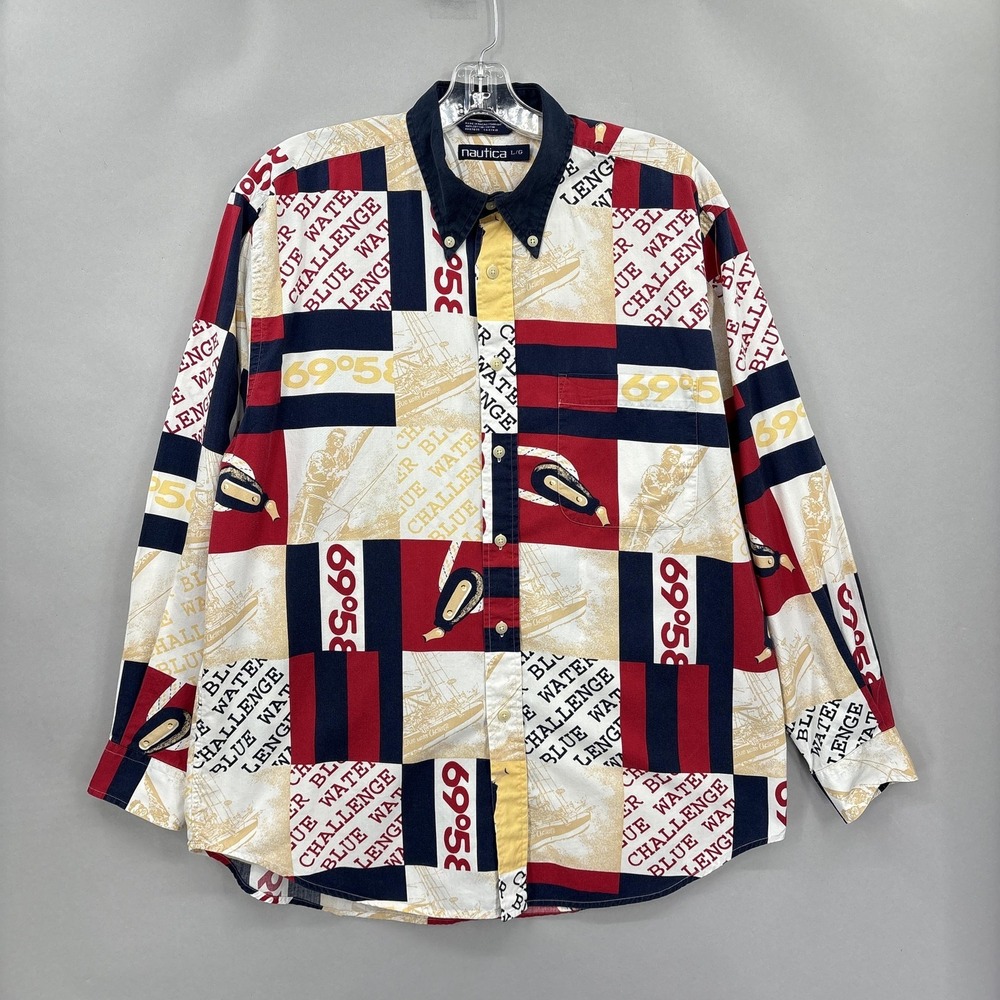 Vintage Nautica Shirt Mens Large 90s All Over Print Button Down Sailing Graphic